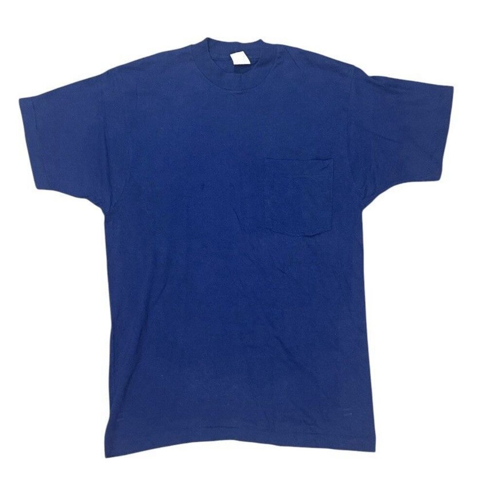 Vintage 80s Blank Pocket T Shirt Blue Sz M Fruit of the Loom Single Stitch USA